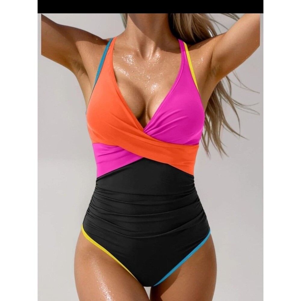Eomenie Women’s Neon Colorblock One-Piece Sculpting  Swimsuit Padded Cup L